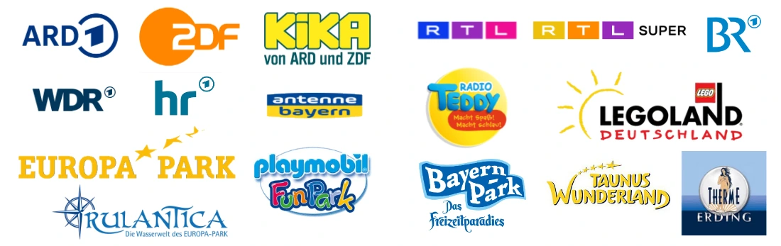 LOGOS-DONIKKL-Songs-bekannt-durch Logo ARD, Logo ZDF, Logo KIKA, Logo RTL, Logo Super RTL, Logo BR, Logo WDR, Logo hr, Logo Antenne Bayern, Logo Radio Teddy, Logo Legoland, Logo Europa Park, Logo Playmobil Funpark, Logo Bayern Park, Logo Taunus Wunderland, Logo Therme Erding, Logo Rulantica